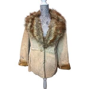 Women's VTG Vintage 90s/00s Boho Beige Leather Suede Faux Fur Penny Lane Coat L